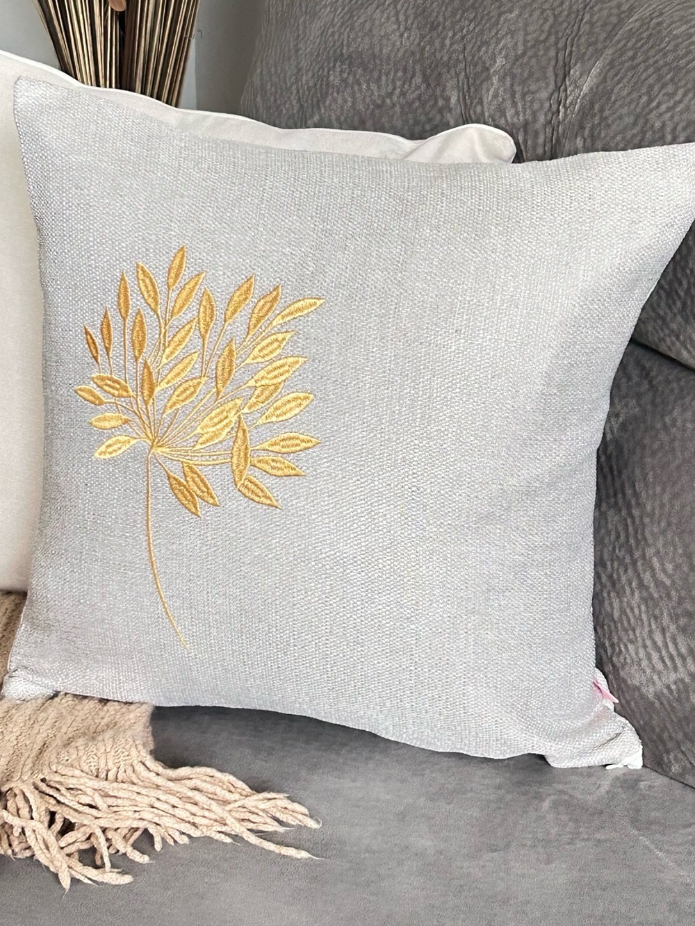Light Gray Decorative Pillowcase cover with Gold Embroidered Leaf